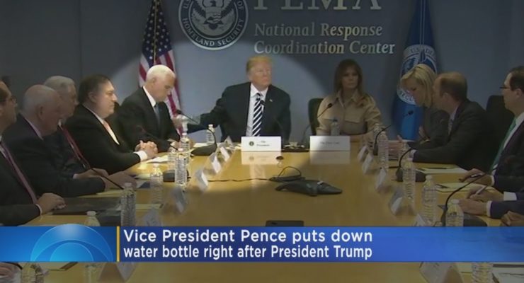 Lock Step recalls Courts of Dictators: Pence Apes Trump on Water Bottle